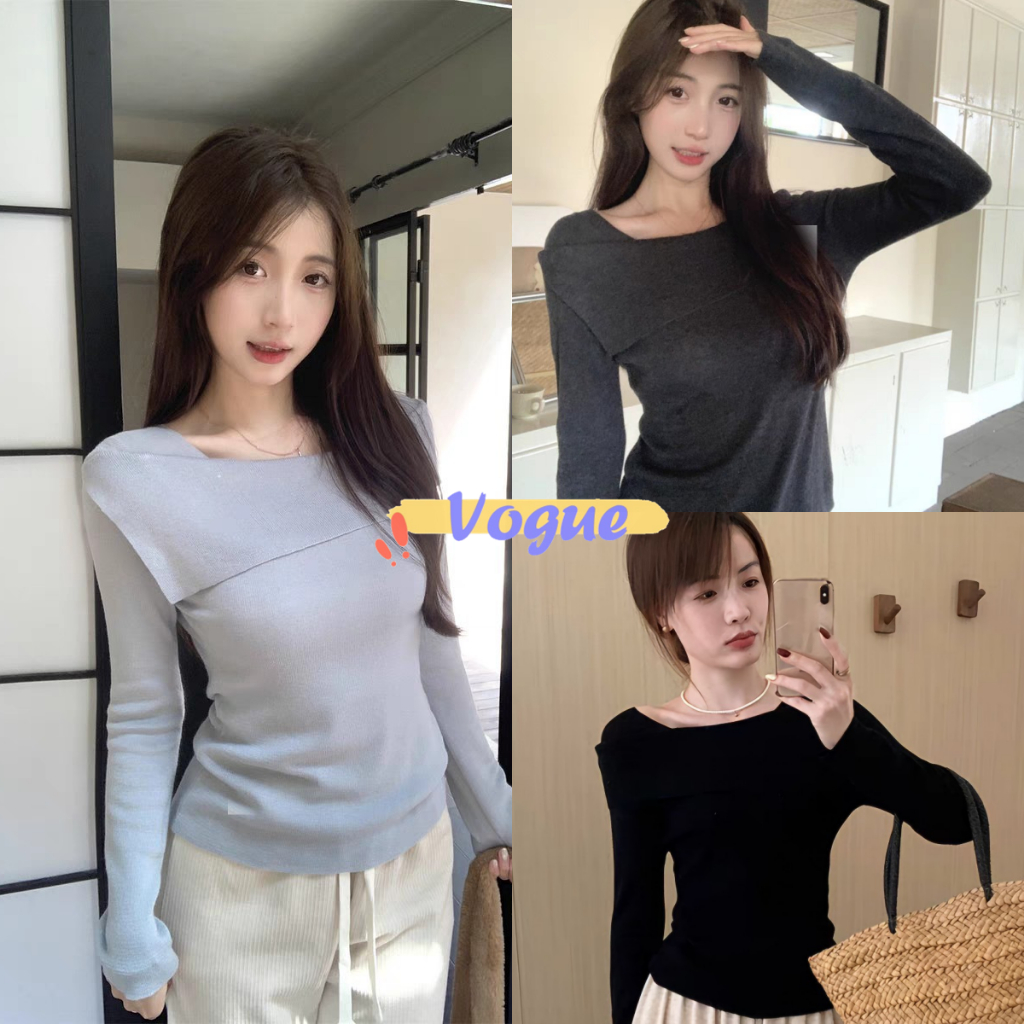 Vogue พร้อมส่ง Knit top เสื้อไหมพรมปาดไหล่แขนยาว ดีเทลผ้ารองเล็กนุ่มนิ่ม รัดตัว (JH7579)