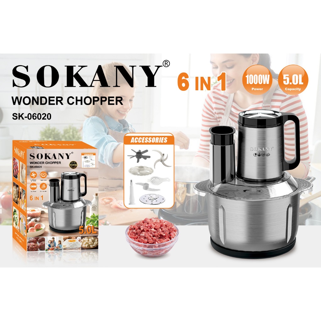 SOKANY 6in1 1000W 5L มัลติฟังก์ชั่น เครื่องบดหมูไฟฟ้า เครื่องปั่น เครื่องบดเนื้อ ที่หั่นผัก