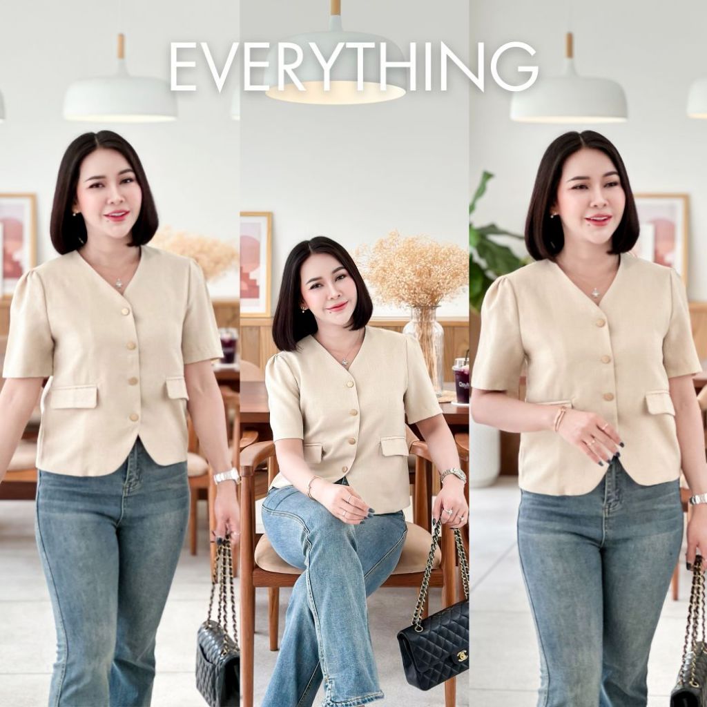 เสื้อคลุมผู้หญิง เสื้อเบลเซอร์แขนสั้น คอวี กระดุมหน้า แต่งกระเป๋า แฟชั่น สไตล์เกาหลี (817)