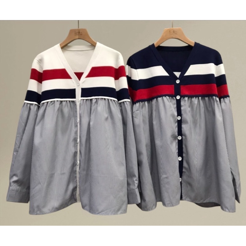 Knit cotton stripe Shirt เสื้อเชิ้ตแขนยาวคอวี แต่งอกไหมพรมทอลาย กระดุมหน้า