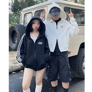 Karants เสื้อ Hoodie Zip Cropped Boxy ปักลาย แต่งซิป 2 ทาง สำหรับผู้ชายและผู้หญิง Unisex - AK11