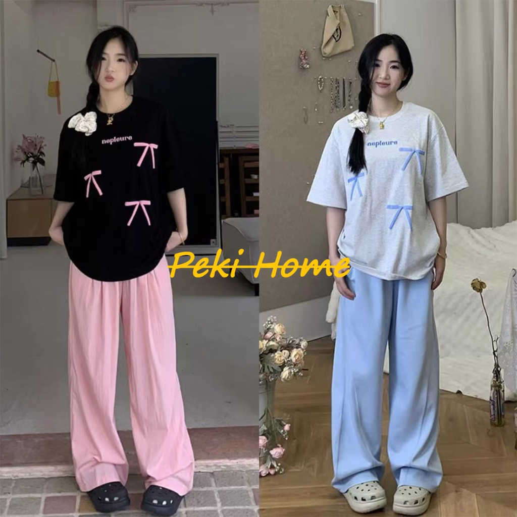 พร้อมส่ง เสื้อยืดแขนสั้นคอวงดีไซน์น่ารักสำหรับสาวๆ มีโบว์