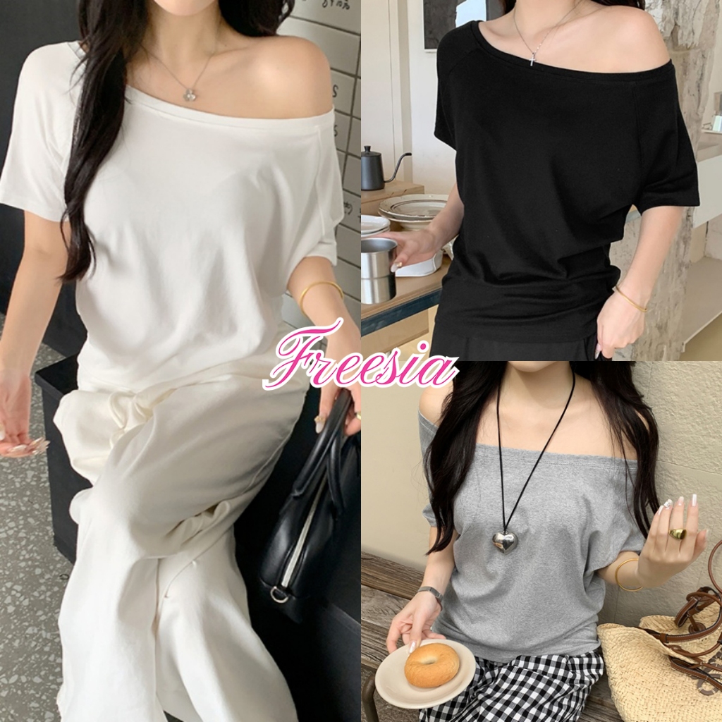 เสื้อยืดเปิดไหล่ เสื้อเเขนสั้นผู้หญิง ทรงหลวม ใส่เเบบเปิดไหล่ได้ เซ็กซี่เบาๆ#92272