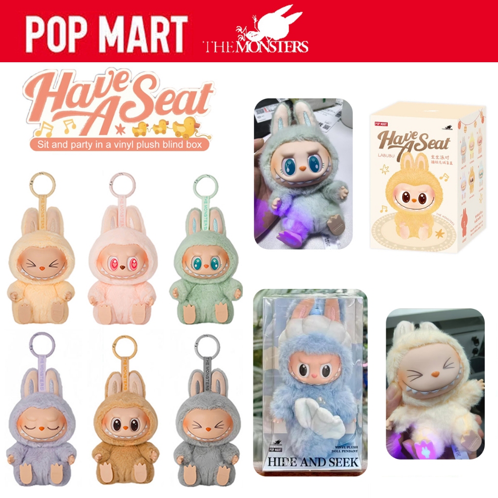 POPMART Macaron Labubu V2 THE MONSTERS Have A Seat Plush Doll Party Keychain ลาบูบู้ ตุ๊กตาไวนิลสําหรับนั