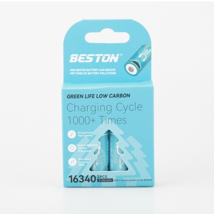 ถ่านชาร์จ BESTON USB Type-C RCR123A 3.7V (16340) 850mAh / 3100mWh Rechargeabl Lithium Battery (1 แพ็ค 2 ก้อน)