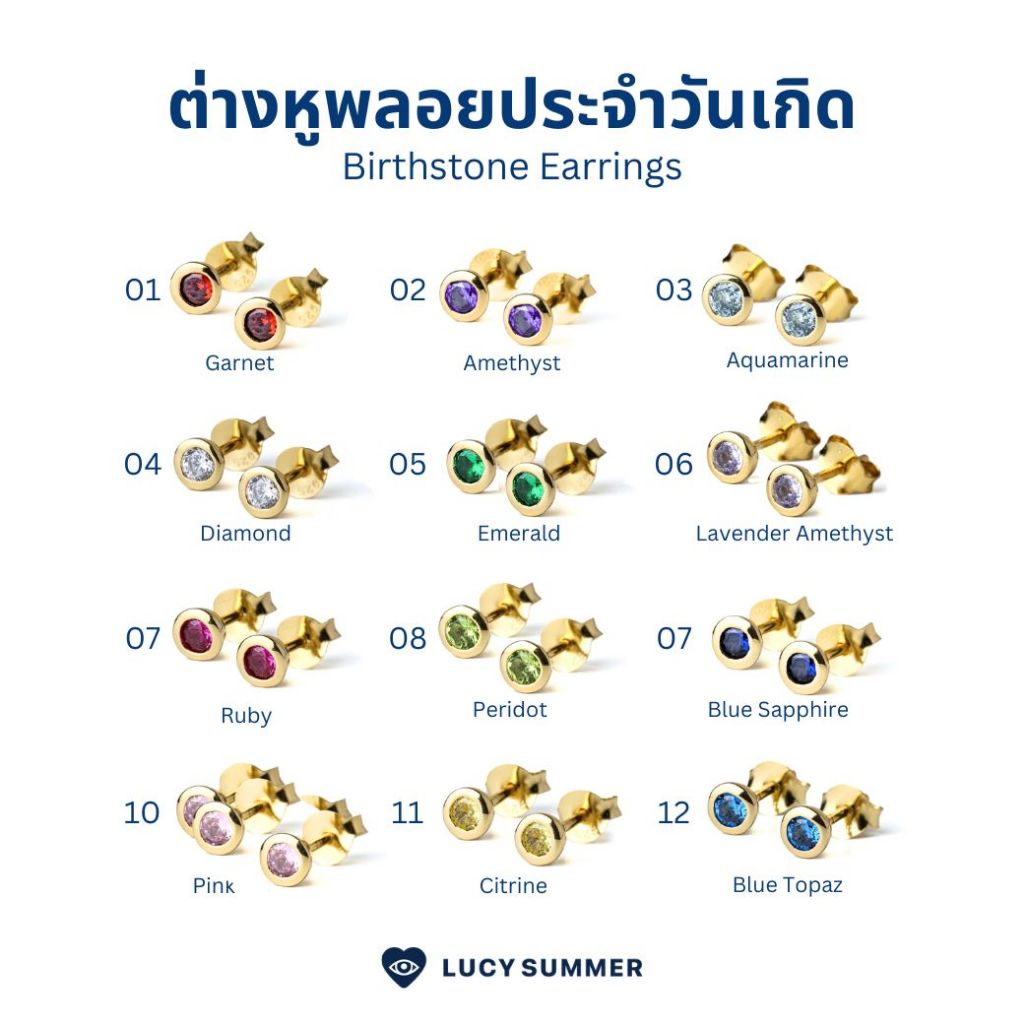 LUCY SUMMER Birthstone earrings ต่างหูพลอยประจำวันเกิด พลอยขนาด 3 มม. Silver 925