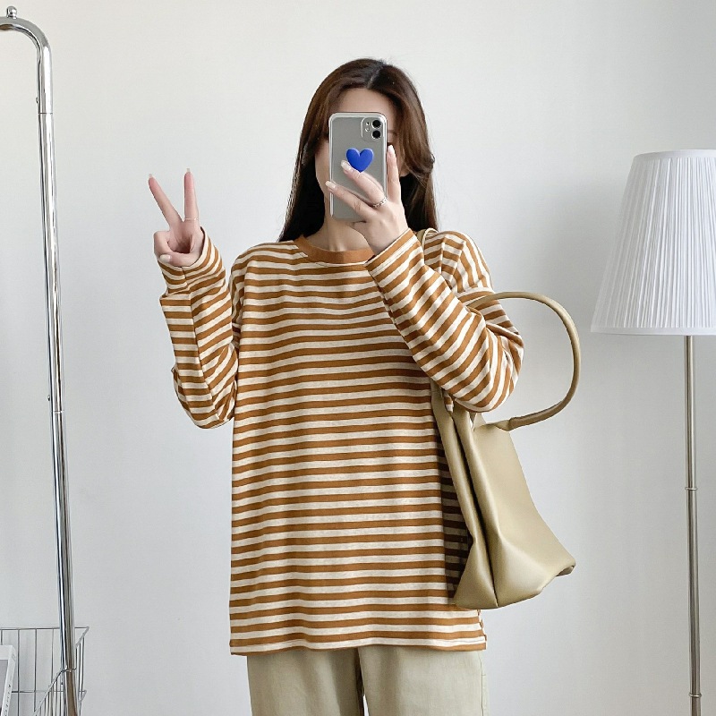 เสื้อให้นม แขนยาว คอลเลกชันหน้าหนาว ผ้าคอตตอนพรีเมียม ลายขวางสีส้มครีม น่ารักสดใส