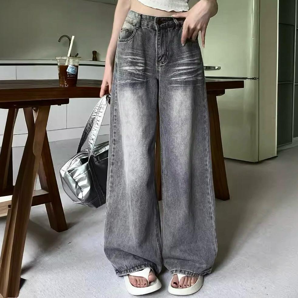(XS-6XL) jinjeans กางเกงยีนส์ขากระบอกใหญ่เอวสูงสีเทา ผ้าดี ปลายขากว้าง กางเกงทรงหลวม (665-667) Clothing Women ผู้หญิง เส