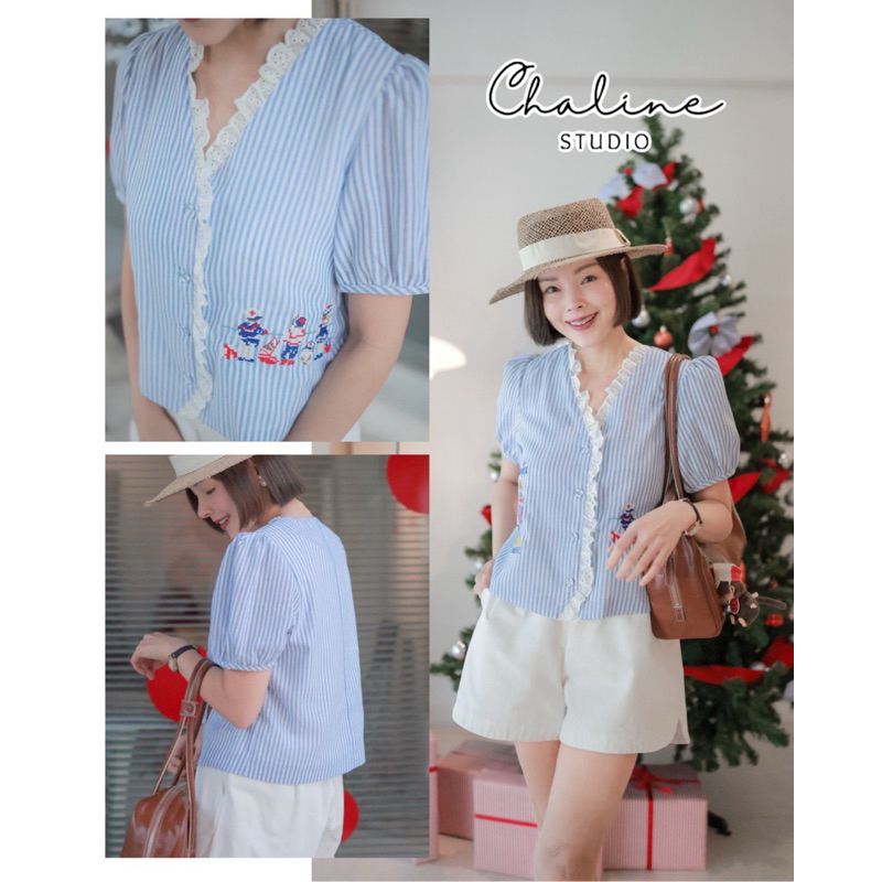 ChalineStudio เสื้อแขนสั้นน่ารัก เนื้อผ้าคอตตอนลินินอย่างดี ลายริ้วโทนฟ้าขาวใส่แมทง่าย ดีเทลปักลายน่ารักๆด้านหน้า