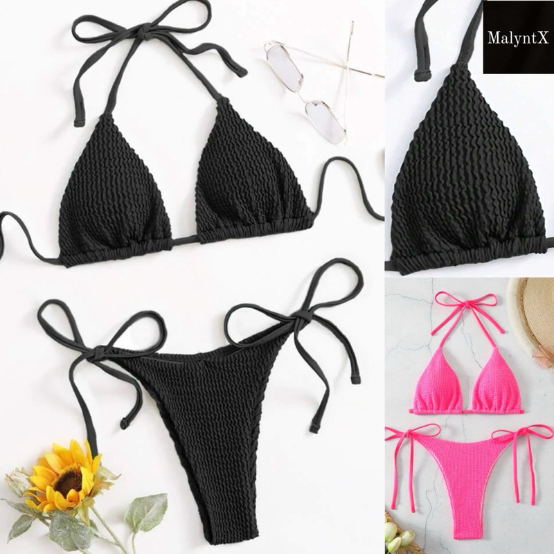 🍒NEW IN🍒 บิกินี่ผ้าลอนมาม่า บราสามเหลี่ยม ผูกคอ ผูกเอว สีชมพู ดำ ขาว