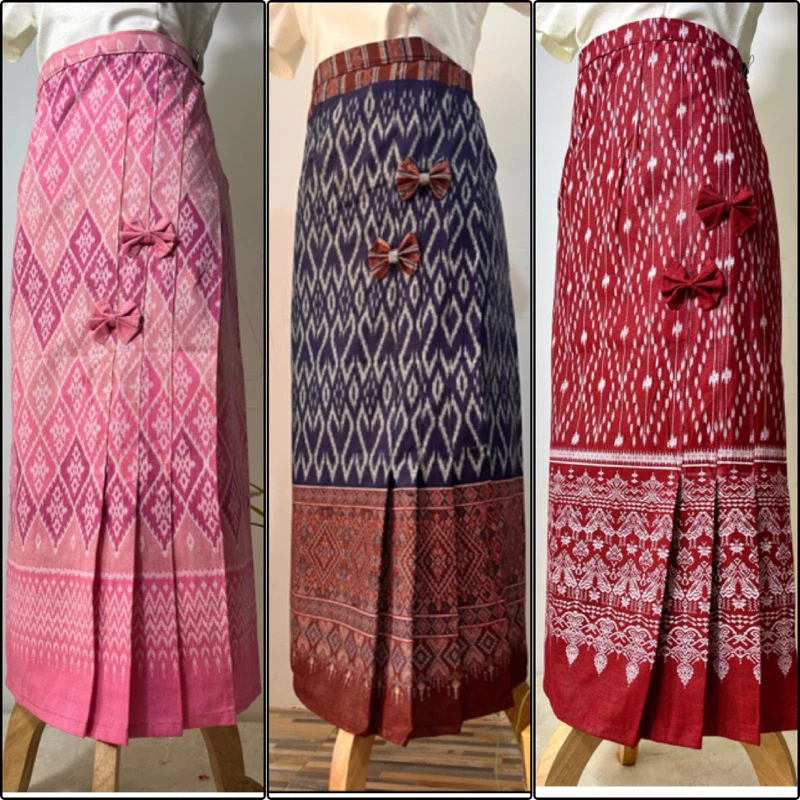 ผ้าถุงสำเร็จ สีดำ ผ้าซิ่นเย็บสำเร็จผ้าฝ้ายจับจีบติดโบว์เอวฟรีไซส์8