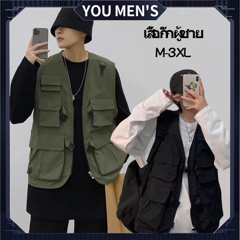 เสื้อกั๊กผู้ชาย y2k vest top ดำ แขนกุด ไซส์ใหญ่ ทรงสตรีท หลายกระเป๋า เสื้อกั๊กเดินป่าวินเทจ