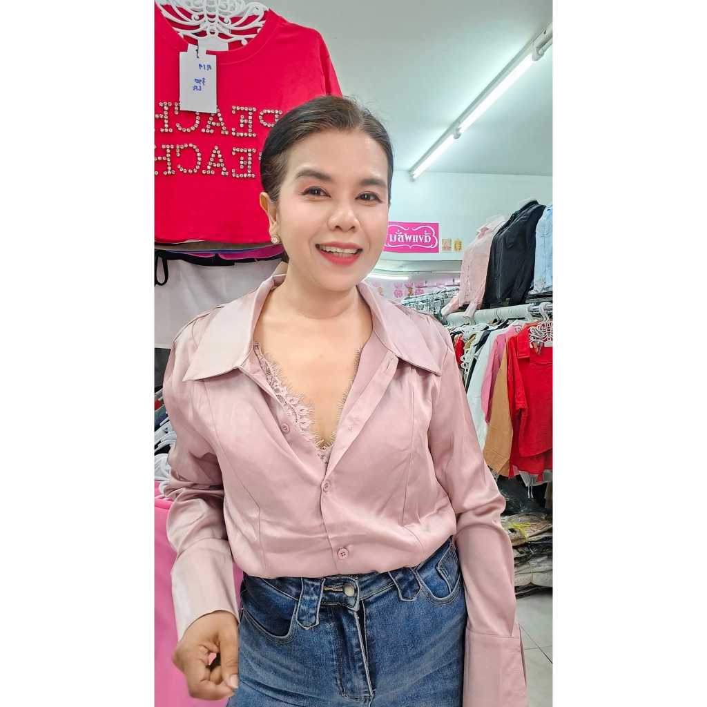 [mf88]เสื้อเชิ๊ตคอปกกระดุมหน้าแขนยาวผ้าเครปซาติน(satin crepe)มีความเรียบหรูเป็นเงามันวาวนุ่ม