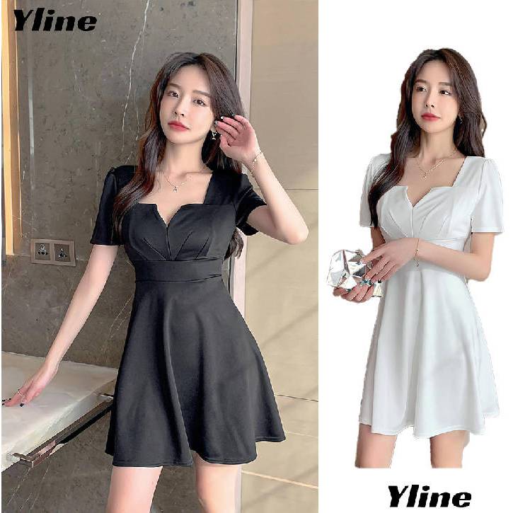 YLINE กระโปรงแขนสั้นเอวมีสไตล์สีบริสุทธิ์ซ่อมแซมกระโปรงสั้นบาง