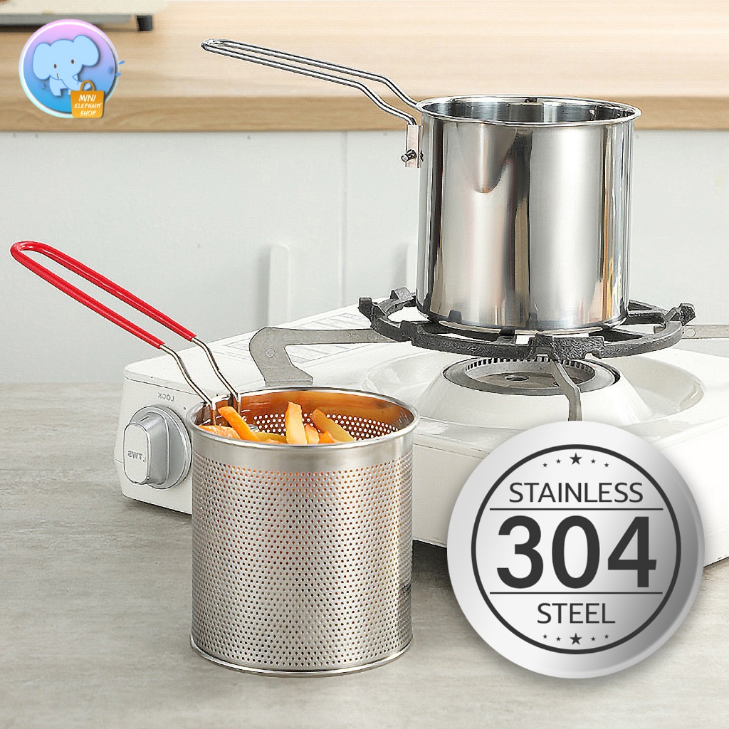 หม้อสแตนเลส304 หม้ออุ่นนม วัสดุหนาพิเศษ หม้อทอด หม้อกรองน้ำมัน พร้อมตะแกรงกรอง หม้ออเนกประสงค