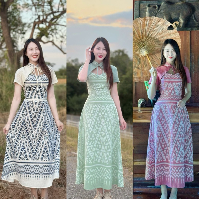 TANTANOD -รหัสTL11 ชุดเซตผ้าไทย เสื้อผูกคอ กระโปรงทรงบาน(ผ้าฝ้ายพิมพ์ลาย) รุ่นAnong