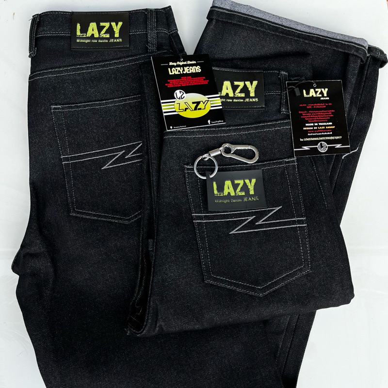 LAZYผ้าดิบ14Ozและ16Ozกางเกงยีนส์กระบอกใหญ่แถมป้ายแถมตะขอ