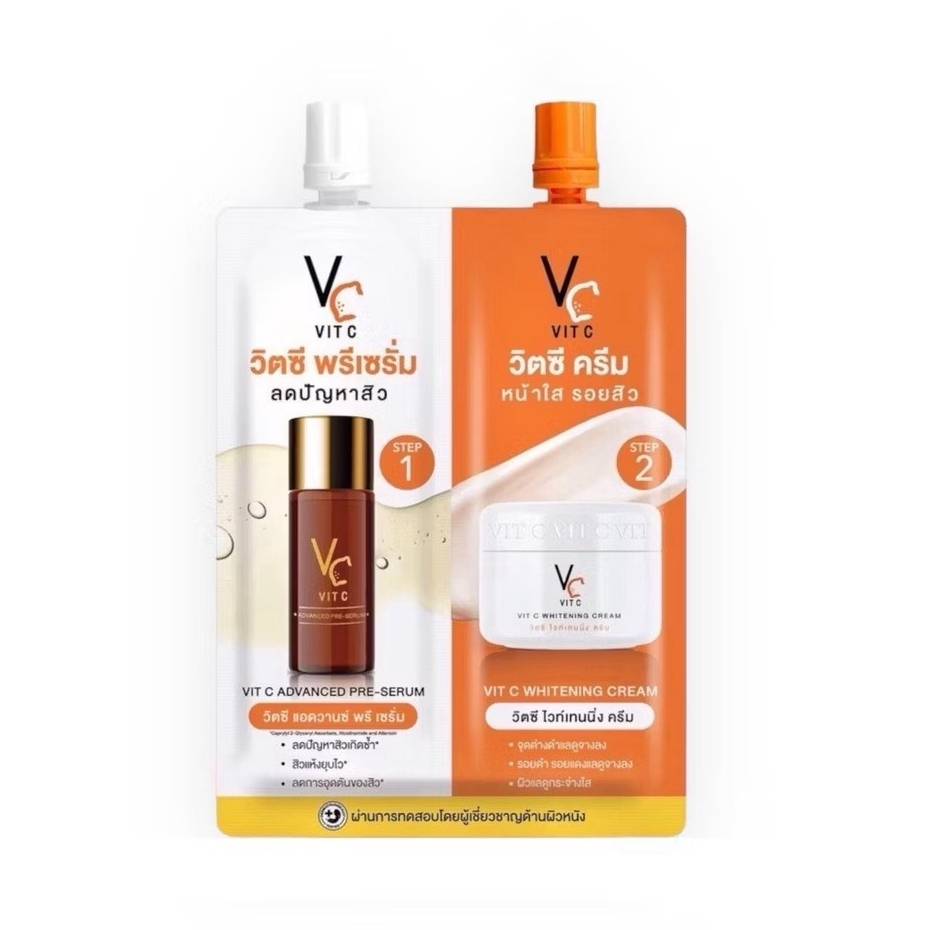 VC ครีม+พรีเซรั่มน้องฉัตร 2 in 1 VC หน้าใสแบบ 2 STEP (1ซองคู่)