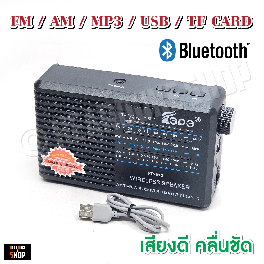 วิทยุ วิทยุพกพา แบตในตัว FM AM มีช่อง USB เชื่อต่อบูลทูธ MP3 TF CARD ใส่ถ่านได้ (มีช่องเสียบหูฟัง)