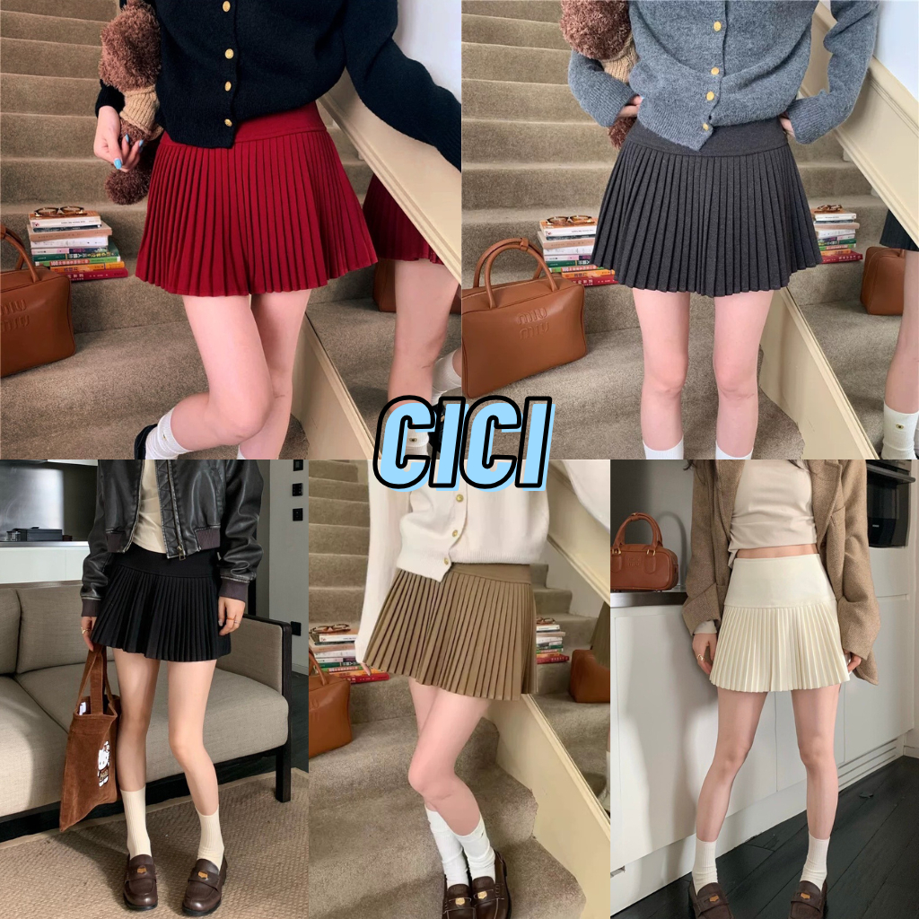 ส่งทันที Cici(NO. 099) กระโปรงพลีทจีบเล็ก มีซับใน ผ้าวูล สไตล์เกาหลีเกาใจน่ารักคิคุ