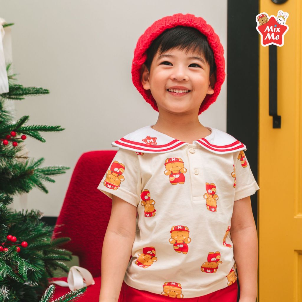 Mix Me เสื้อโปโล ปกทหารเรือ แขนสั้น ลายหมี ผ้า 100%Cotton เด็กชาย อายุ 1-7 ปี เสื้อผ้าเด็ก รุ่น 4003