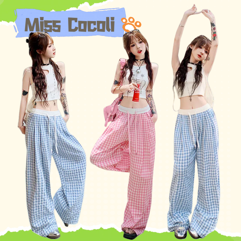 💓กางเกงลายสก๊อตผู้หญิง💓 กางเกงขากว้าง กางเกงเอวสูง กางเกงลำลอง กางเกงหลวม