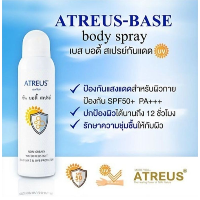 สเปย์กันแดดตัว ATREUS BASE SUN BODY SPRAY SPF50 PA+++ สเปรย์กันแดดเอเทรียส สำหรับผิวกาย 150 มล. สเปร