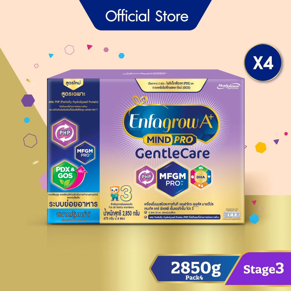 นมผง เอนฟาโกร เอพลัส มายด์โปร เจนเทิลแคร์ สูตร3 (2850 กรัม) x4 กล่อง Enfagrow A+ MindPro Gentle Care Stage3 (2850 g) x4