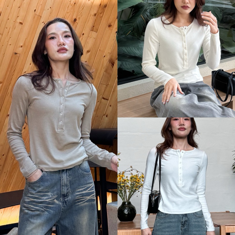 (ตำหนิทักแชทดูรูปเพิ่มเติม)Gigi top เสื้อยืดแขนยาว ดีเทลกระดุมแป๊ก ผ้าเนื้อนุ่ม ใส่สบาย