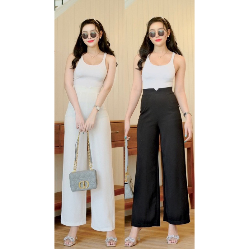 กางเกงขายาวเอวสูงใส่ทำงาน ขากระบอกกว้างเอวสูงขายาวผู้หญิง ผ้าทิ้งตัวทรงสวย ขากว้าง ขาบาน