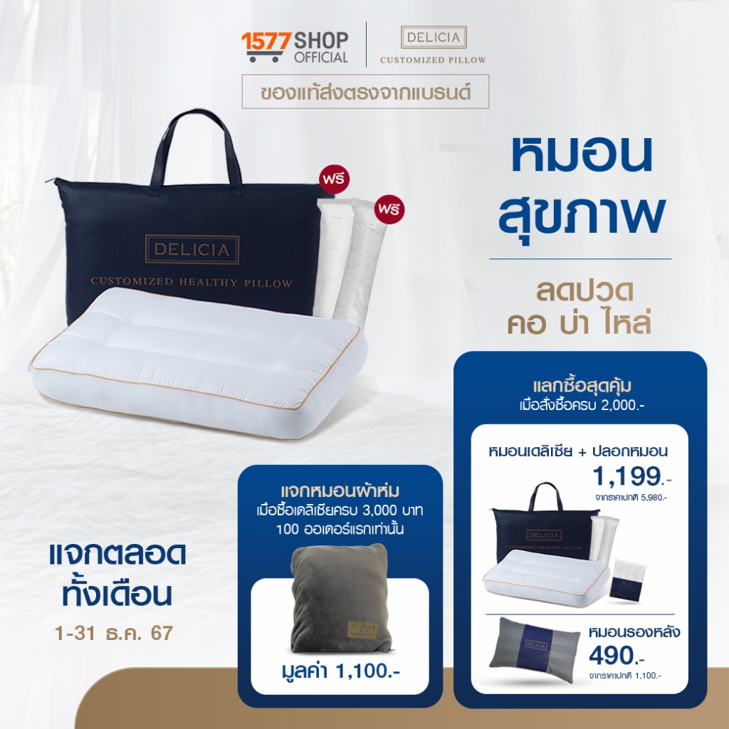 Delicia เดลิเซีย (1ฟรี2) หมอนสุขภาพ 1 ใบ ฟรี ใยเสริมเติมหมอน 2 ชิ้น