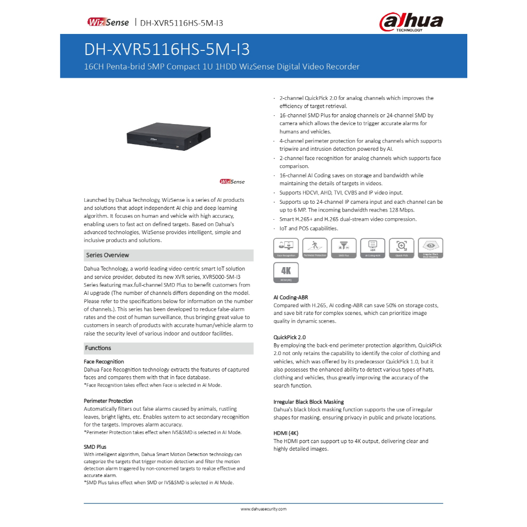 DAHUA เครื่องบันทึกภาพกล้องวงจรปิด 16CH 5MP รุ่น XVR5116HS-5M-I3