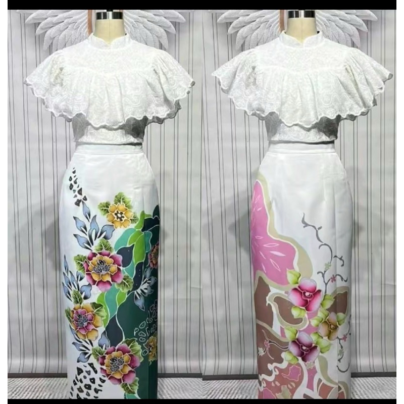 S-4XL ชุดผ้าปาเต๊ะ ชุดเซ็ท ชุดออกงาน - ลายดอกไม้ ฟ้างามสง่า