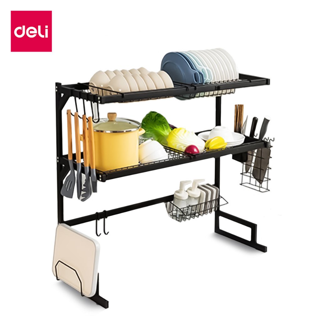 Deli ชั้นวางจาน แบบ 2 ชั้น ที่วางจาน คร่อมซิงค์ แบบสแตนเลส ปรับความยาวได้ กันสนิม Sink Rack