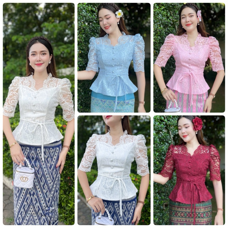 HM เสื้อลูกไม้สีขาวระบายแขนกระบอก 3ส่วน ซิปหลัง แต่งกระดุมหน้า เสื้อใส่ไปทำบุญ สีขาว สีแดง สีฟ้า สีชมพู