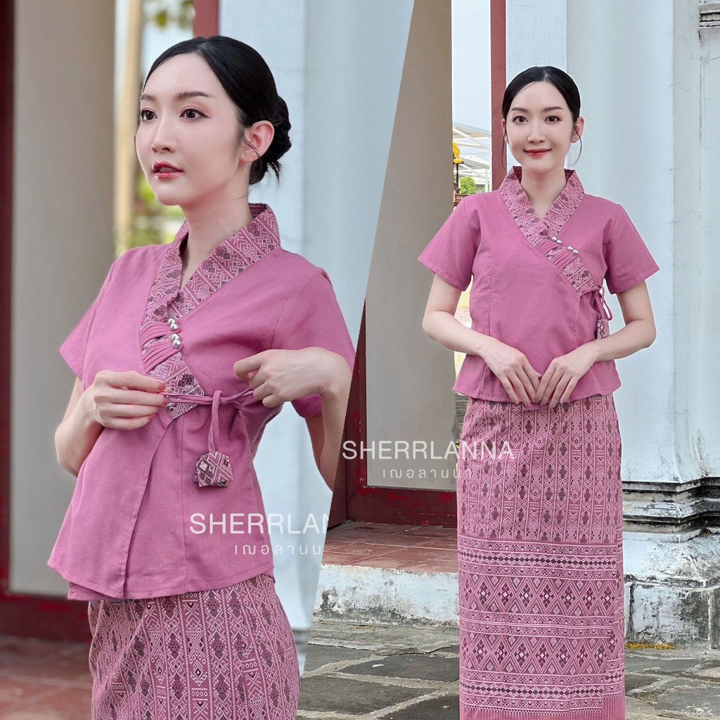 ชุดเสื้อพื้นเมืองผ้าฝ้ายคอวีป้ายผูกอก-ผ้าถุงสำเร็จแบบผูกเชือก