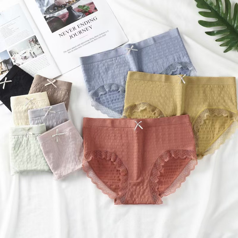 Plussizeกางเกงในสาวอวบ ไซส์ใหญ่ ผู้หญิง แต่งขอบลูกไม้ สีพื้น เอวสูง สไตล์น่ารัก คนอ้วนใส่ได50-100kg