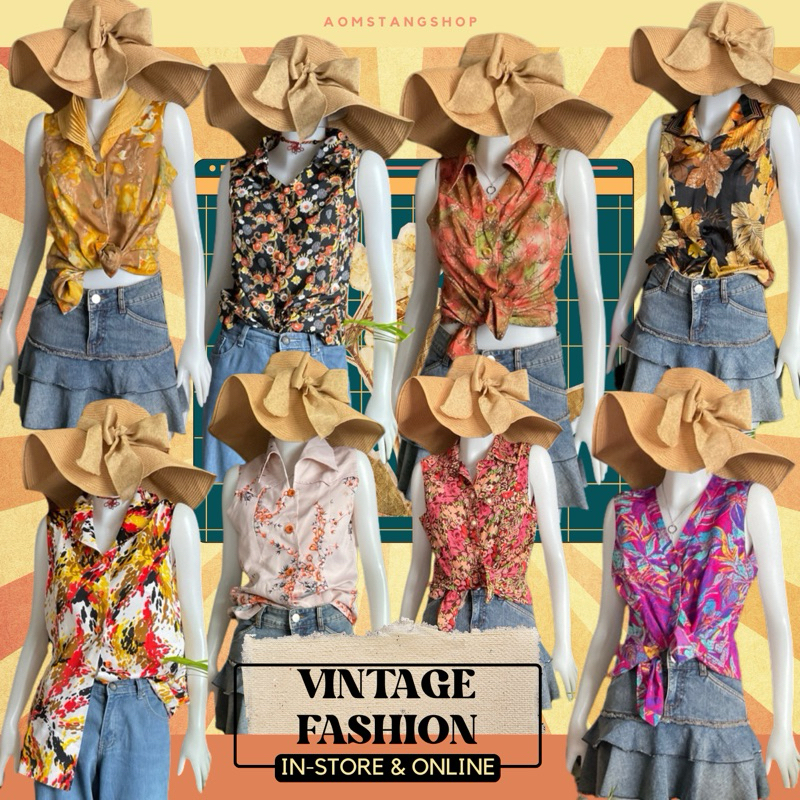 🌼🌺 เสื้อแฟชั่นเสื้อแขนกุดมือสองวินเทจสีสันสดใส เสื้อวินเทจ เสื้อแขนกุด เสื้อลายดอก เสื้อผ้ามือสอง
