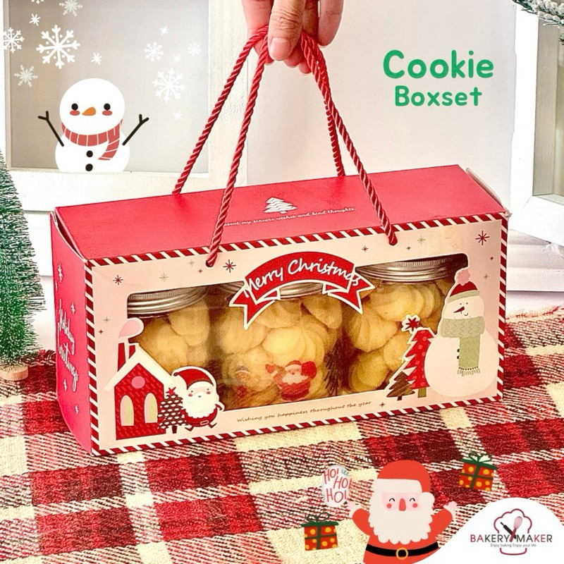 กล่องคุ้กกี้ / กล่องคัพเค้ก 3 ช่อง หูหิ้ว แพค 5 ใบ / Christmas cookies box ใส่ กระป๋อง ได้ 3 ใบ