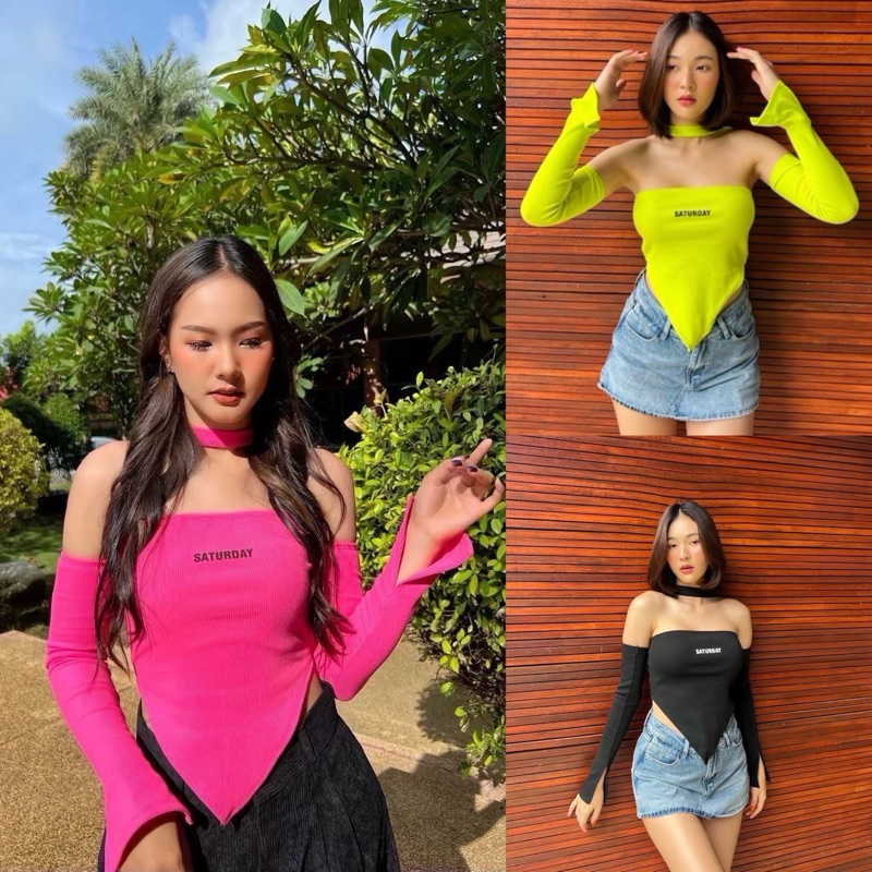เกาะอกคล้องคอด้านหลัง+ปลอกแขน สายฝอ. เซ็กซี่ เสื้อสีนีออน งานป้าย ของแท้