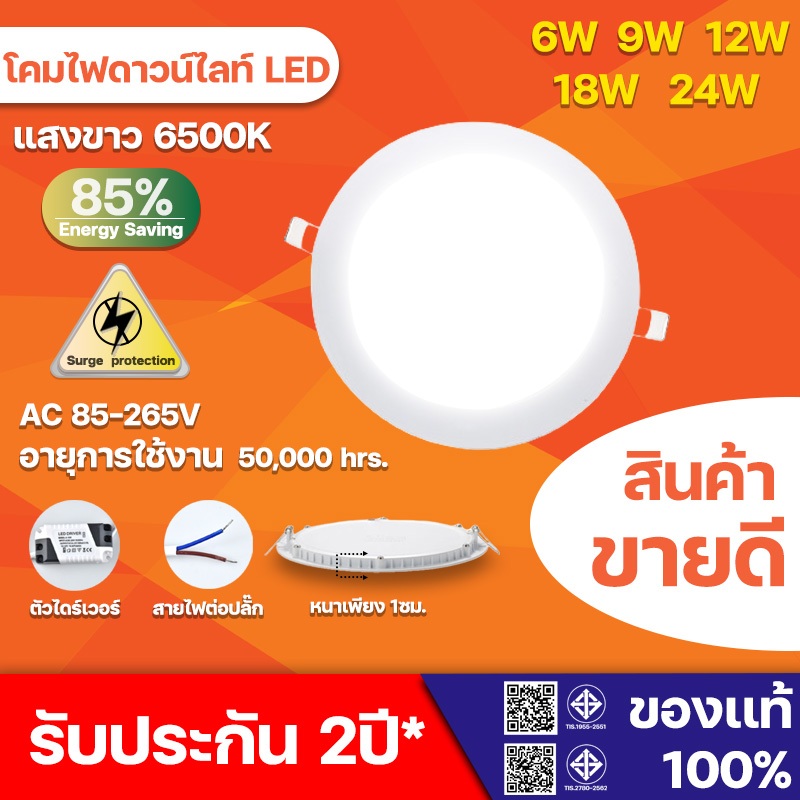 โคมฝังฝ้าPanel Light LED โคมไฟดาวน์ไลท์ 6w 9w 12w 18w 24w LED ฝังฝ้า โคมไฟ ไฟติดเพดาน  แบบกลม สีขาว