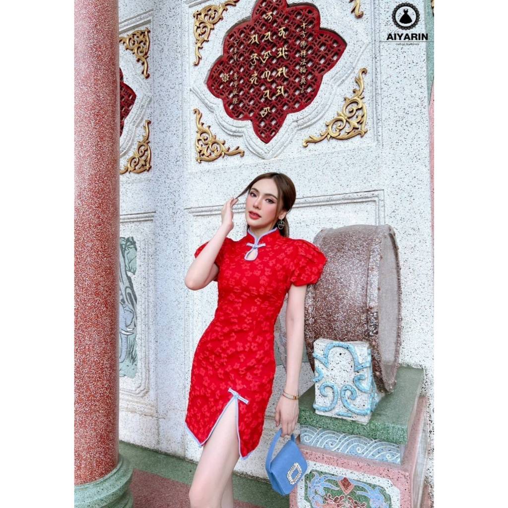 "เช็คสินค้าก่อนสั่งซื้อ สั่งแล้วห้ามยกเลิกน๊าค๊า"Aiyarin เดรสกระโปรงผ้าทอเเขนพองน่ารักมั้กๆ ชุดเดรสคอจีนผ้าทอลาย​