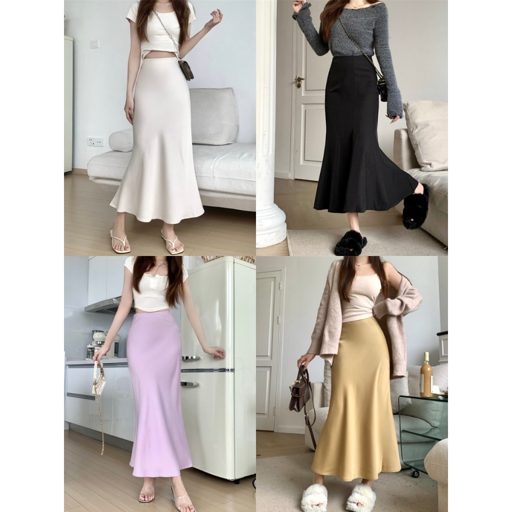 กระโปรง กระโปรงหางปลา เนื้อผ้าลื่น สีสันสด สไตล์เกาหลี ติดซิปด้านข้าง #030055