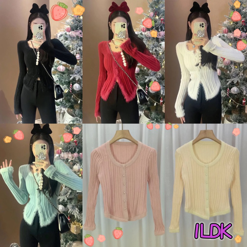 1LDK พร้อมส่ง เสื้อไหมพรม แขนยาวคอยู ดีเทลกระดุมจริงแกะได้ ผ้าขนนุ่มสไตล์เกาหลี(K343)
