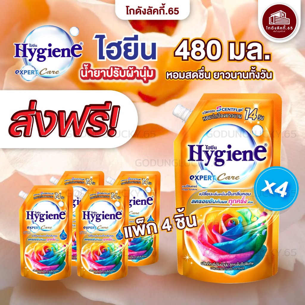 ส่งฟรี แพค 4 ชิ้น ไฮยีน น้ำยาปรับผ้านุ่ม สูตรเข้มข้นพิเศษ Hygiene expert Care ขนาด 470-540 มล. โกดังลักกี้.65
