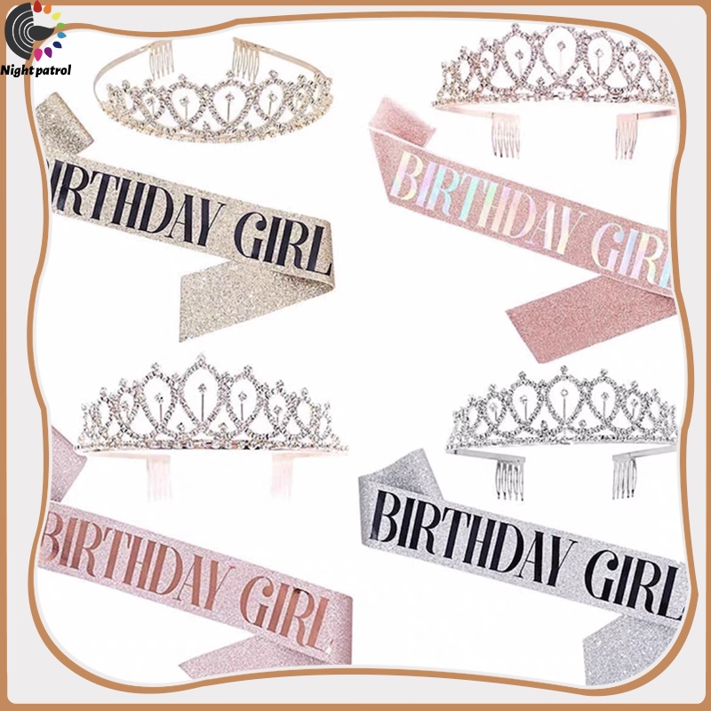 ชุดสายคล้องไหล่ ประดับกลิตเตอร์ Happy Birthday/Gir ลายมงกุฎเจ้าหญิง พร้อมมงกุฎ สําหรับปาร์ตี้วันเกิด