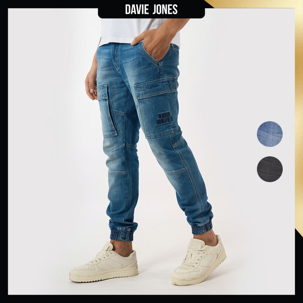 DAVIE JONES กางเกงจ็อกเกอร์ ยีนส์ เอวกระดุม Button Waist Denim Joggers CO0057 สีฟ้า ดำ
