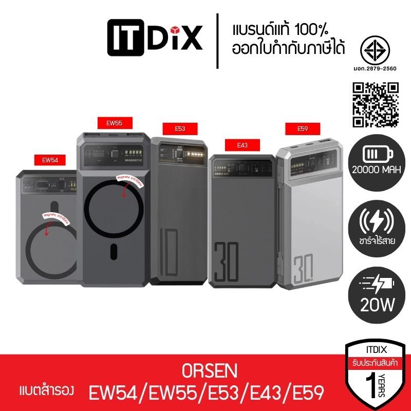 แบตสำรอง Eloop Orsen E53/ EW54/ EW55/ E43/ E59 รองรับ PD 20W สินค้าแท้ รับประกันสินค้า 1 ปี