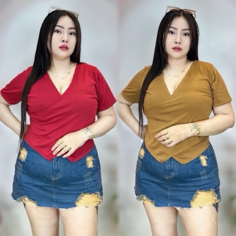 002เสื้อผ้าสาวอวบ**ปอแฟชั่น**อก 38-44 ยาว21 สวยหรูดูดี ผ้าเนื้อนิ่ม **รุ่น ไขว่คอวีชายแหลม**