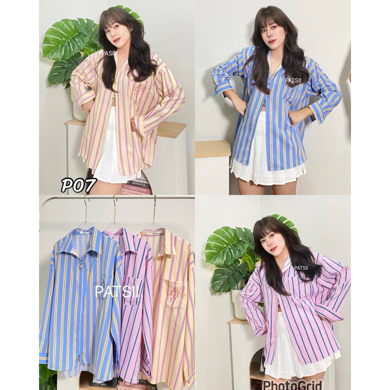 P07.เสื้อเชิ๊ต โอเวอร์ไซด์แขนยาว ปักกระเป๋า รุ่นซิปหน้า สีพาสเทล อก50“